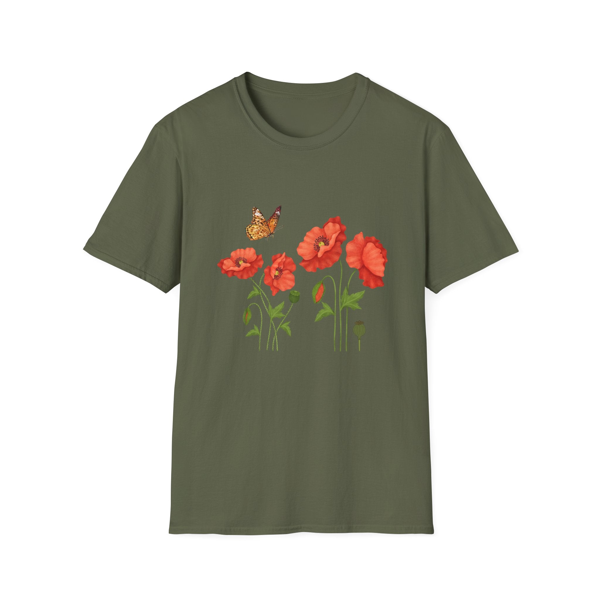 Poppy Field Tee — Red Poppies & Butterfly Floral T-Shirt
