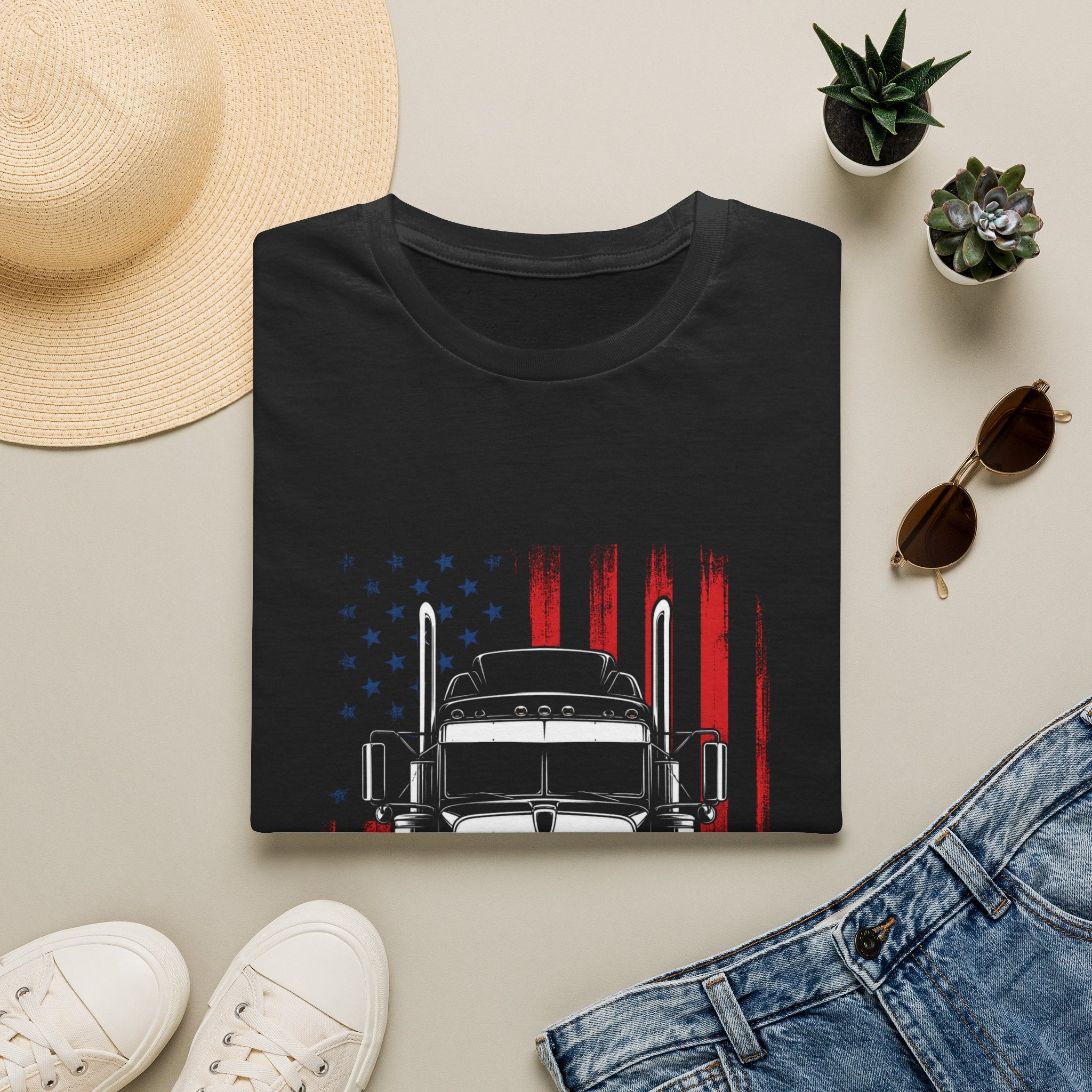American Flag Semi Truck T-Shirt — Patriotic Trucker Tee - Vintage Semi Truck Patriotic Design