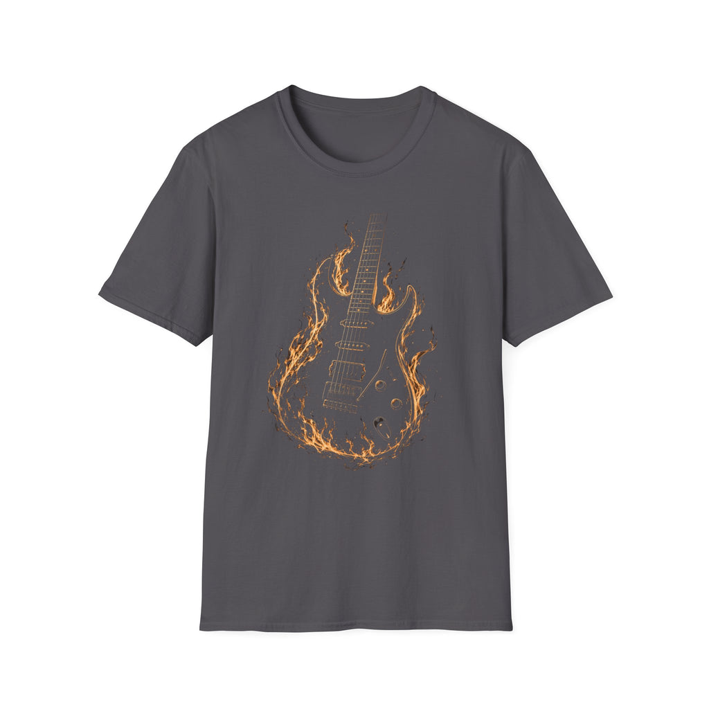 Flaming Electric Guitar T-Shirt — Rock Music Tee - Flames of Rock | Burning Electric Guitar Music Artwork