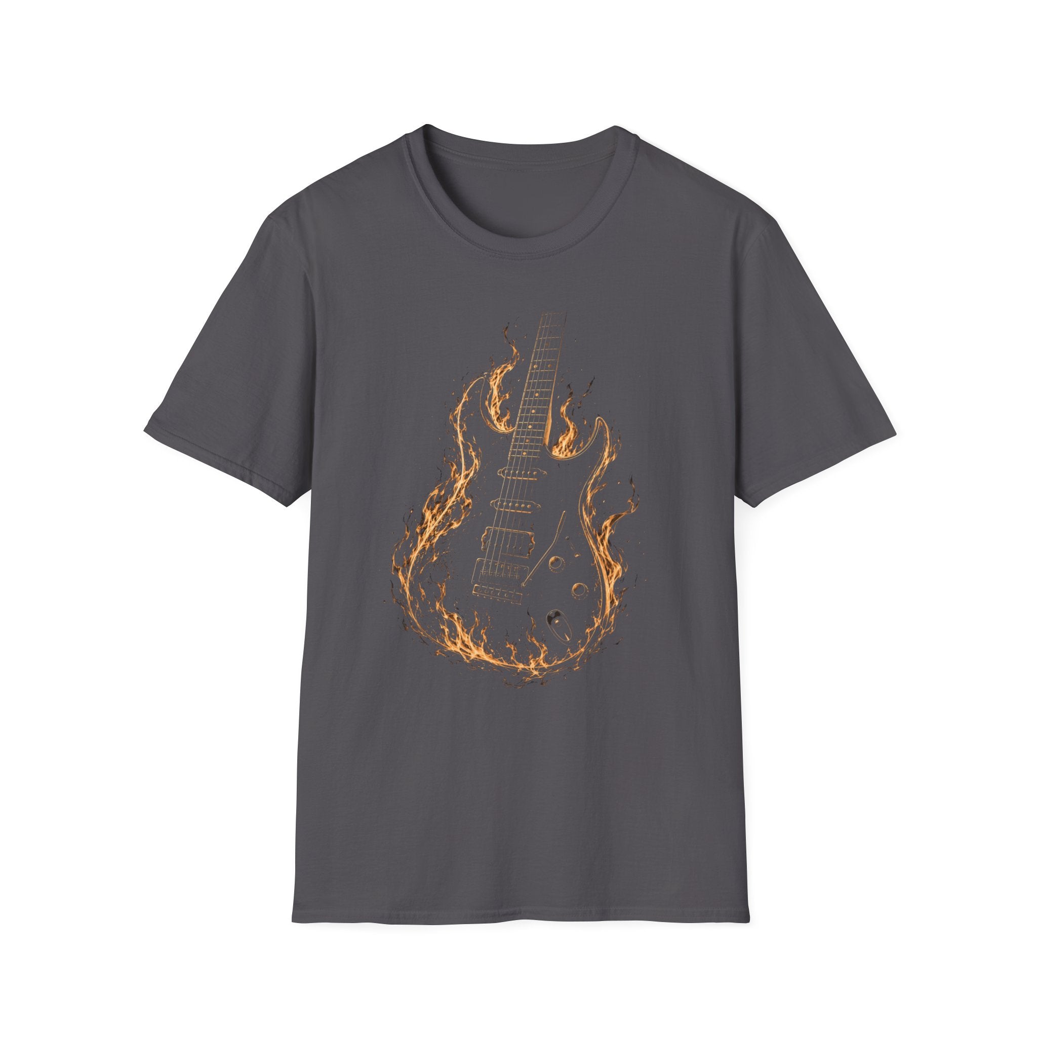 Flaming Electric Guitar T-Shirt — Rock Music Tee - Flames of Rock | Burning Electric Guitar Music Artwork