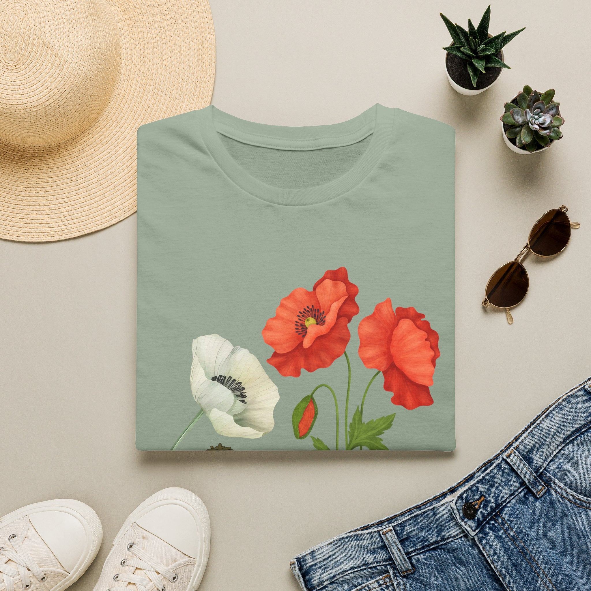 Poppy Floral T‑Shirt — Vintage Red & White Poppy Garden Tee - Vintage Wildflower Garden Art