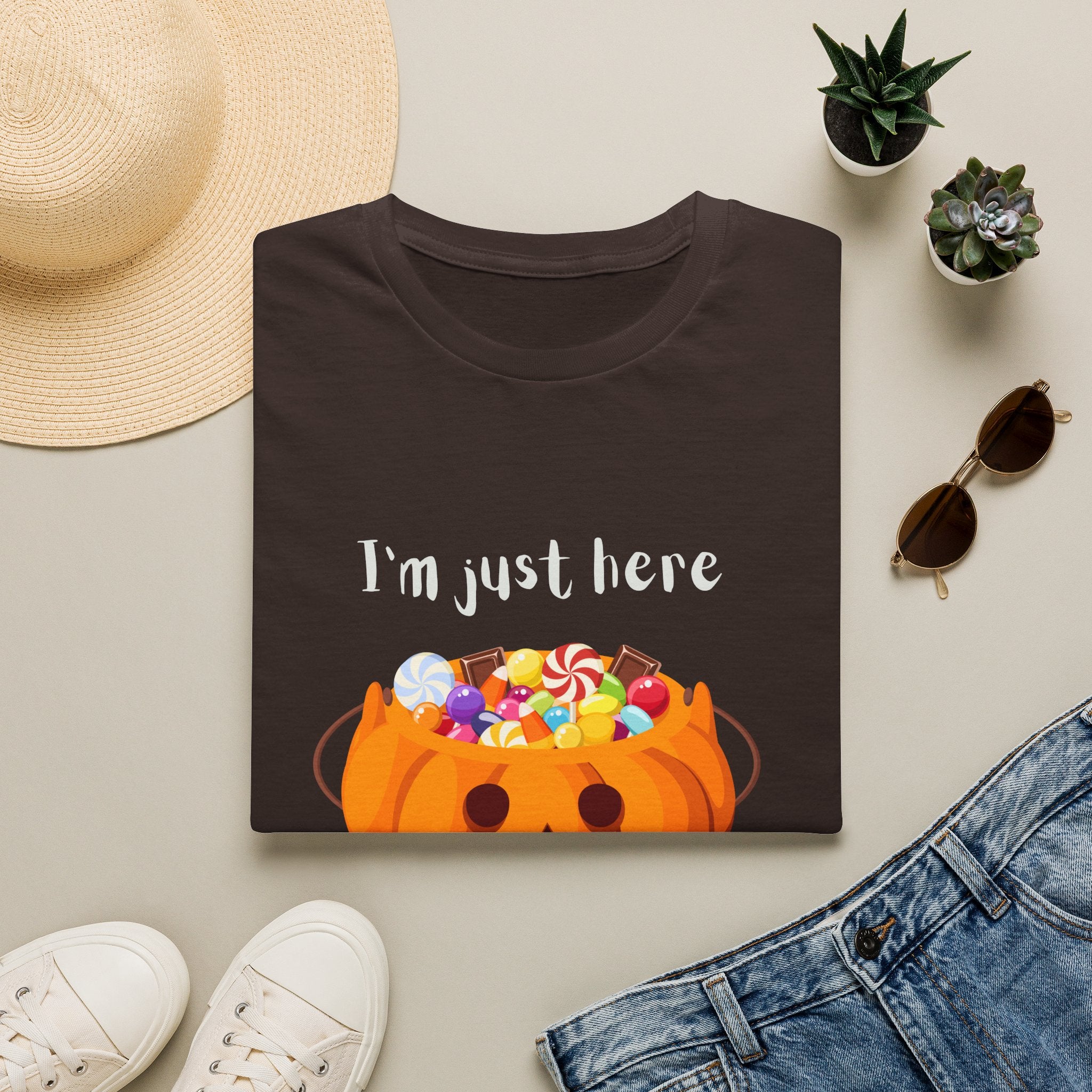 Halloween T-Shirt — "I'm Just Here for the Candy" Pumpkin Candy Bucket Tee