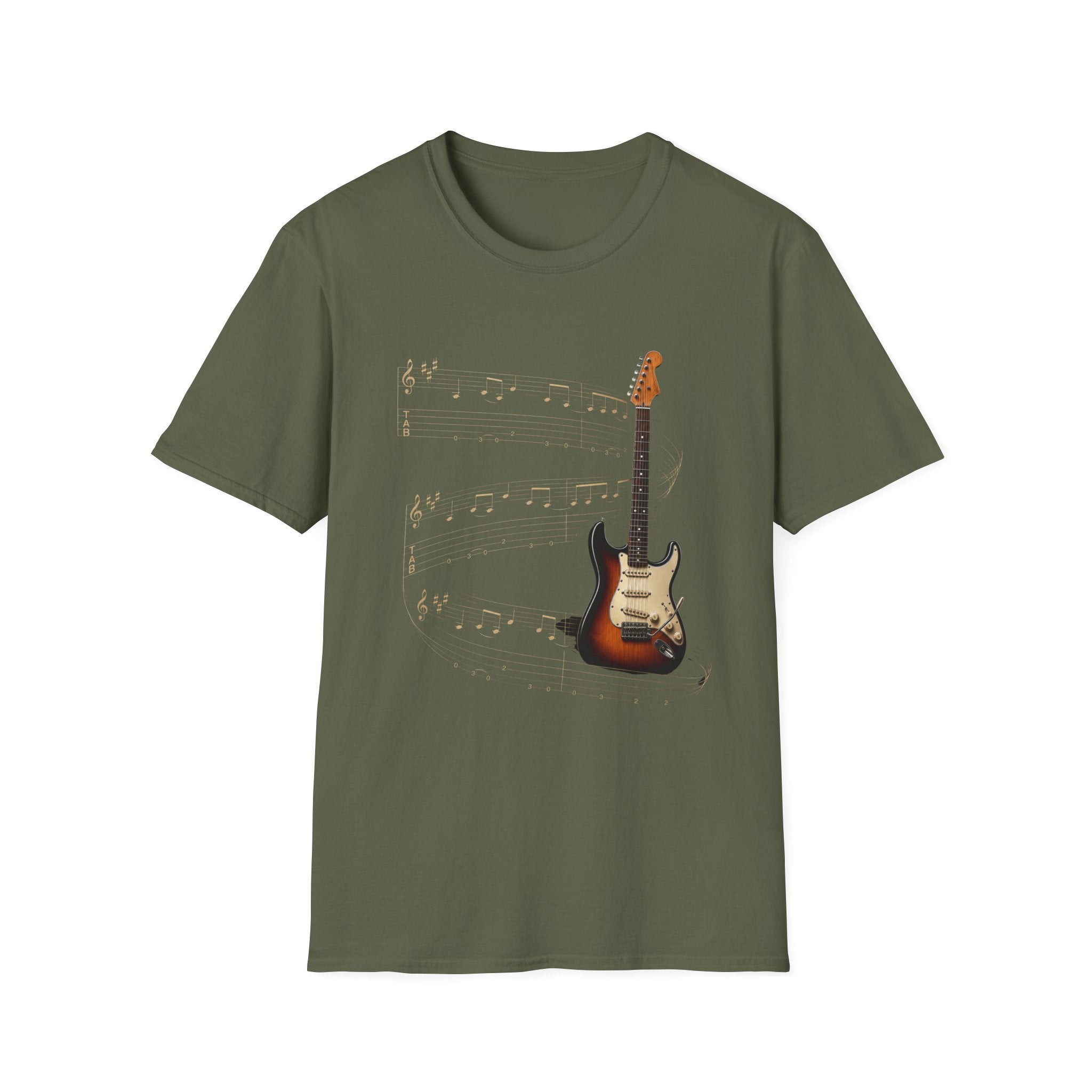 Electric Guitar T‑Shirt — Vintage Sunburst Guitar with Musical Notes - Where Music Takes Flight | Electric Guitar & Tablature Art Design