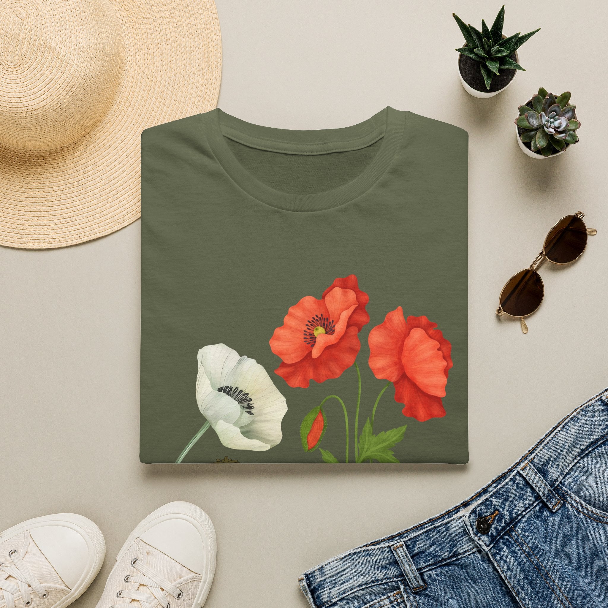 Poppy Floral T‑Shirt — Vintage Red & White Poppy Garden Tee - Vintage Wildflower Garden Art