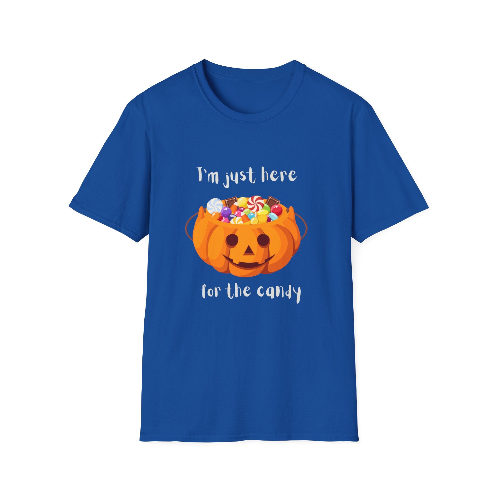 Halloween T-Shirt — "I'm Just Here for the Candy" Pumpkin Candy Bucket Tee