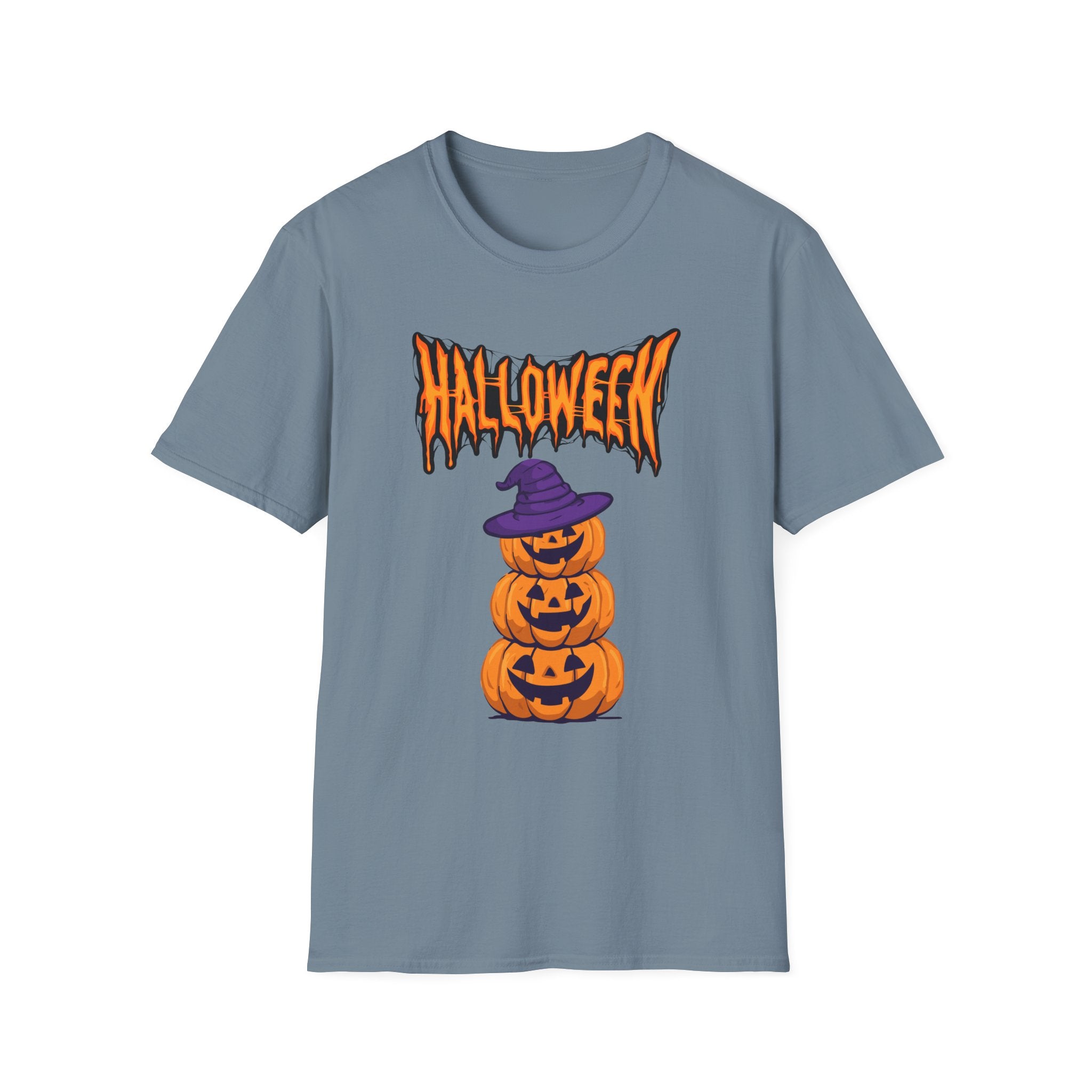 Halloween Stacked Jack-O'-Lantern T-Shirt — Cute Spooky Tee with Purple Witch Hat -  Cute Pumpkin Witch Hat Halloween Tee