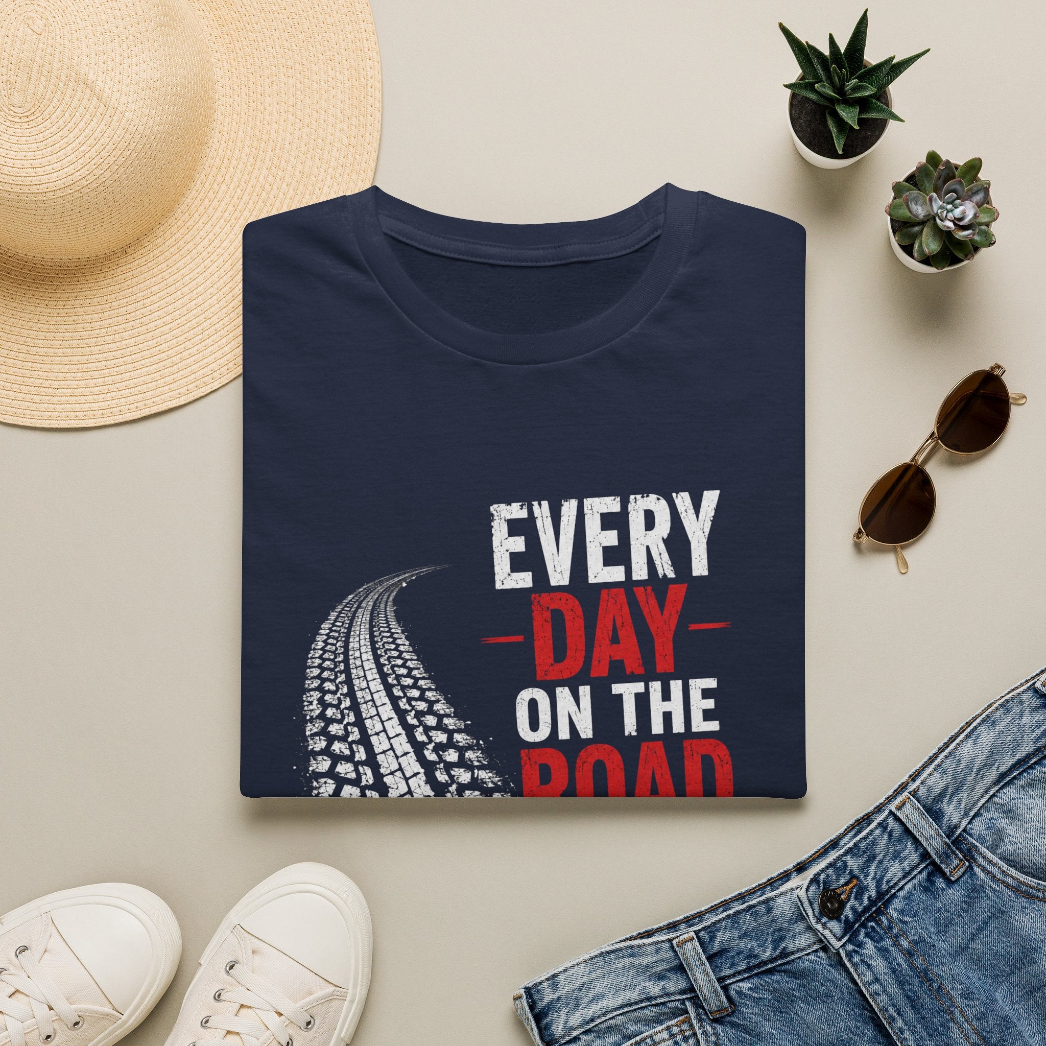 Every Day on the Road T-Shirt — Motorcycle/Driving Adventure Tee - – Truck Tire Track Road Life Design