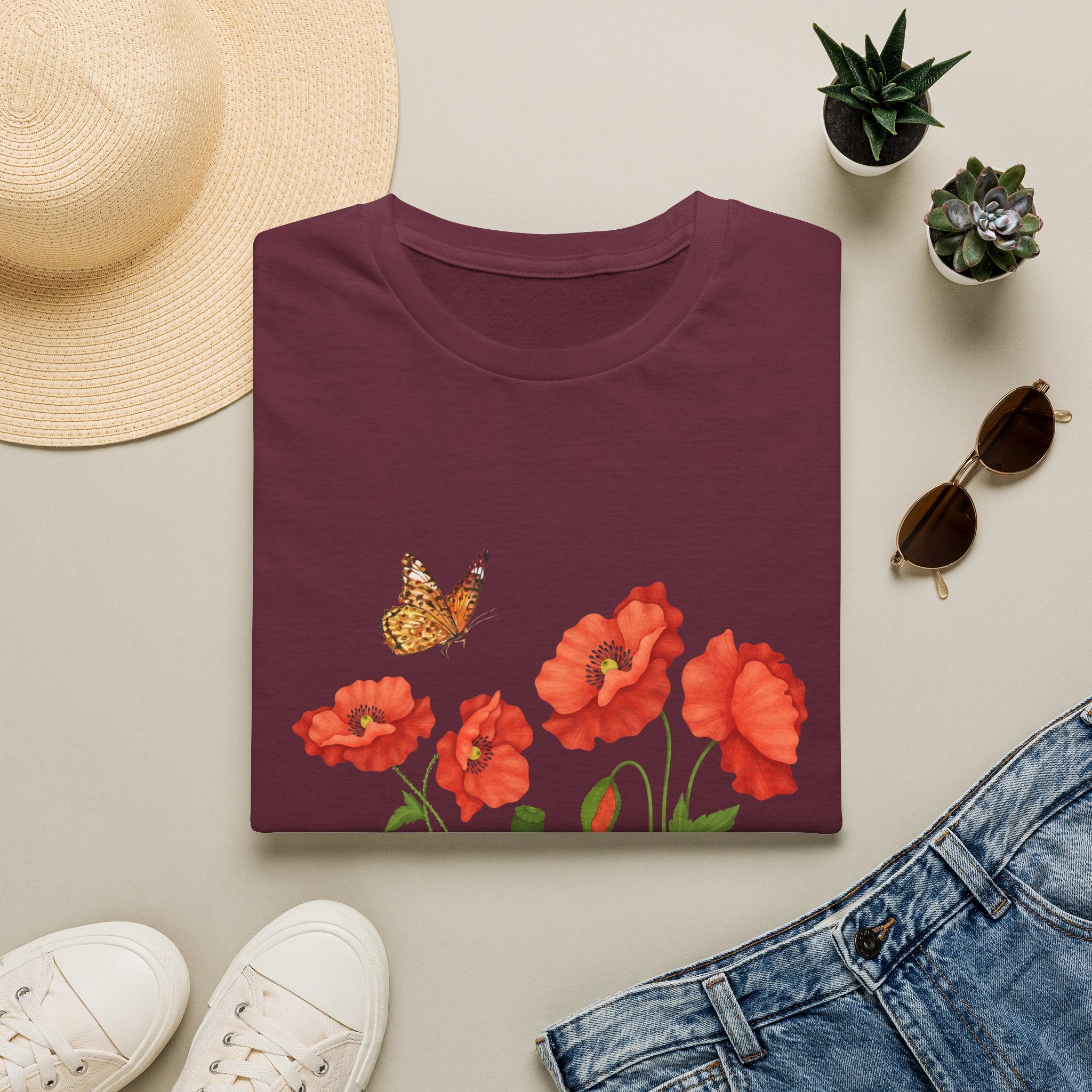 Poppy Field Tee — Red Poppies & Butterfly Floral T-Shirt