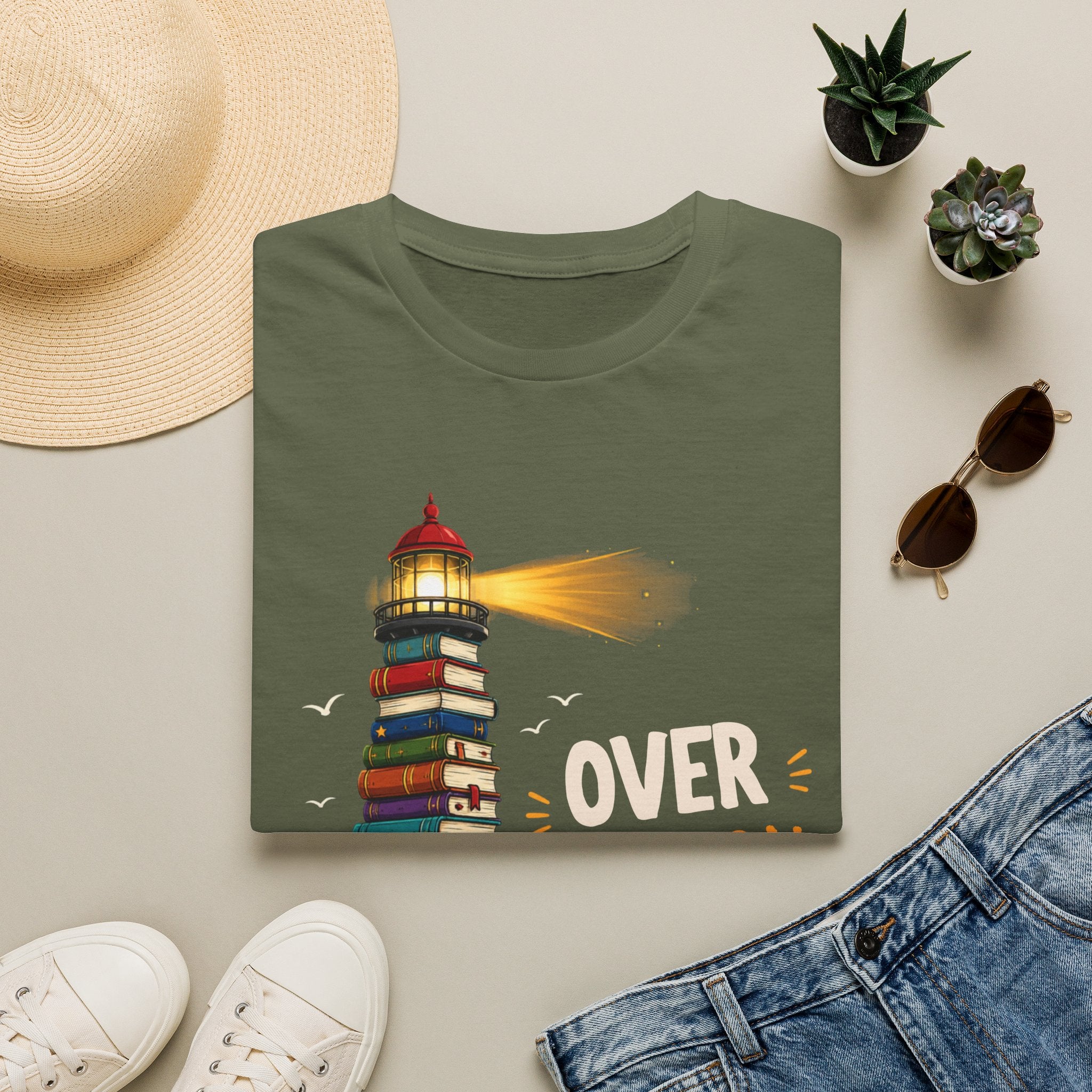 'Over the Horizon' Lighthouse Stack of Books Graphic Tee – Reading Lights the Way