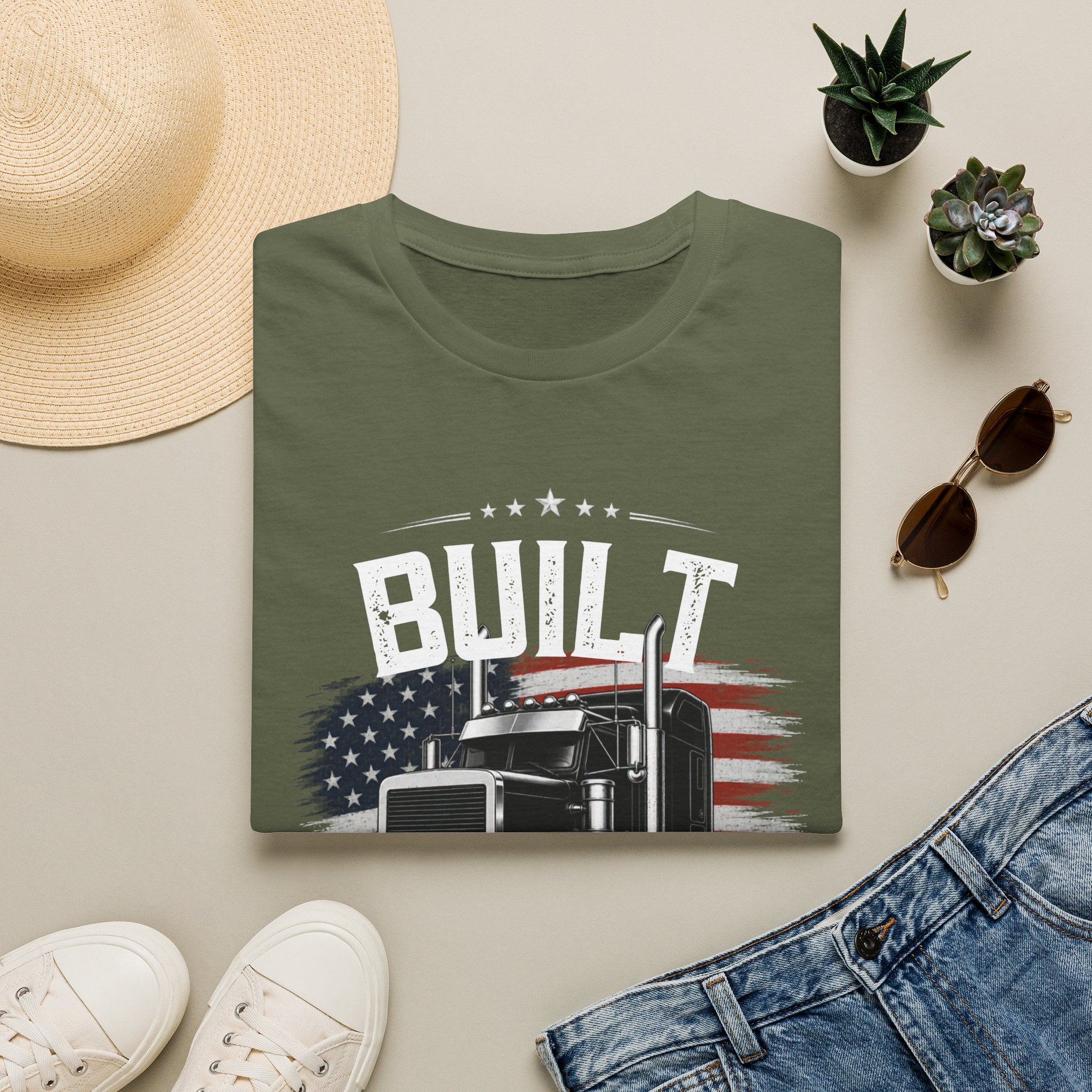 Truck Driver T‑Shirt – "Built Not Bought" American Flag Semi Truck Tee - American Trucker Pride Semi Truck Patriotic Design