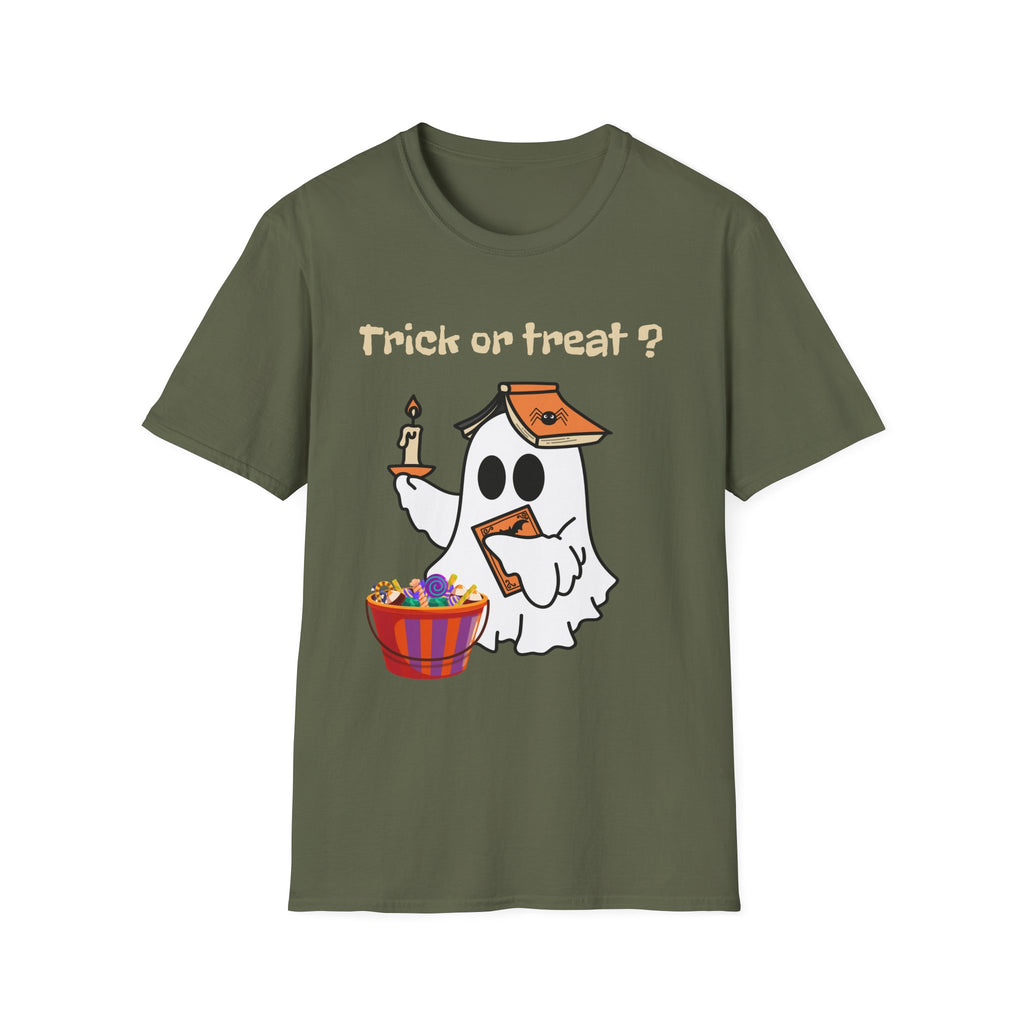 Halloween Ghost T-Shirt — "Trick or Treat?" Cute Spooky Candy Tee - Ghost Reading a Spooky Book Halloween Design
