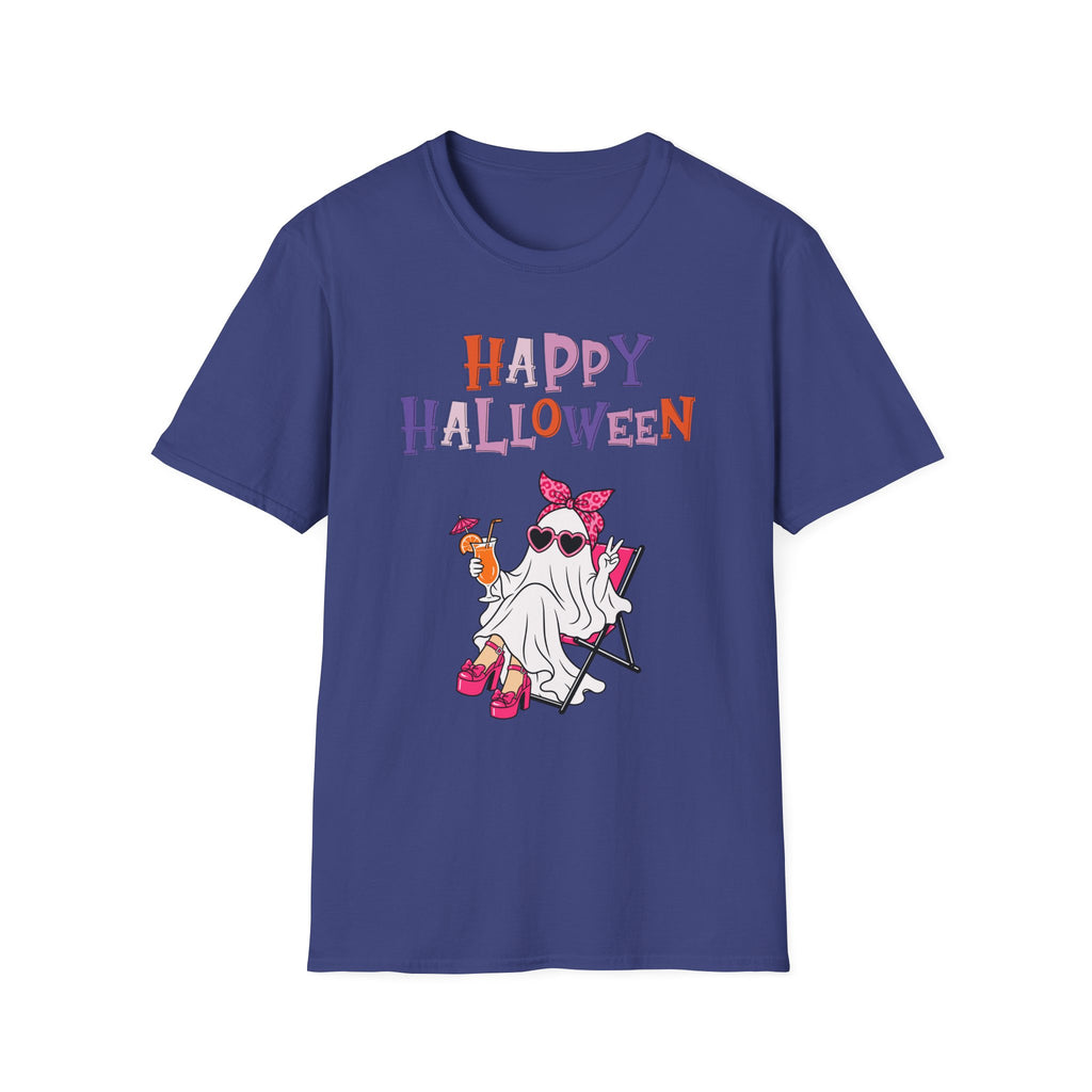 Happy Halloween Ghost Tee — Cute Feminine Halloween T-Shirt with Sunglasses & Pink Bow - Funny Spooky Halloween Shirt for Women