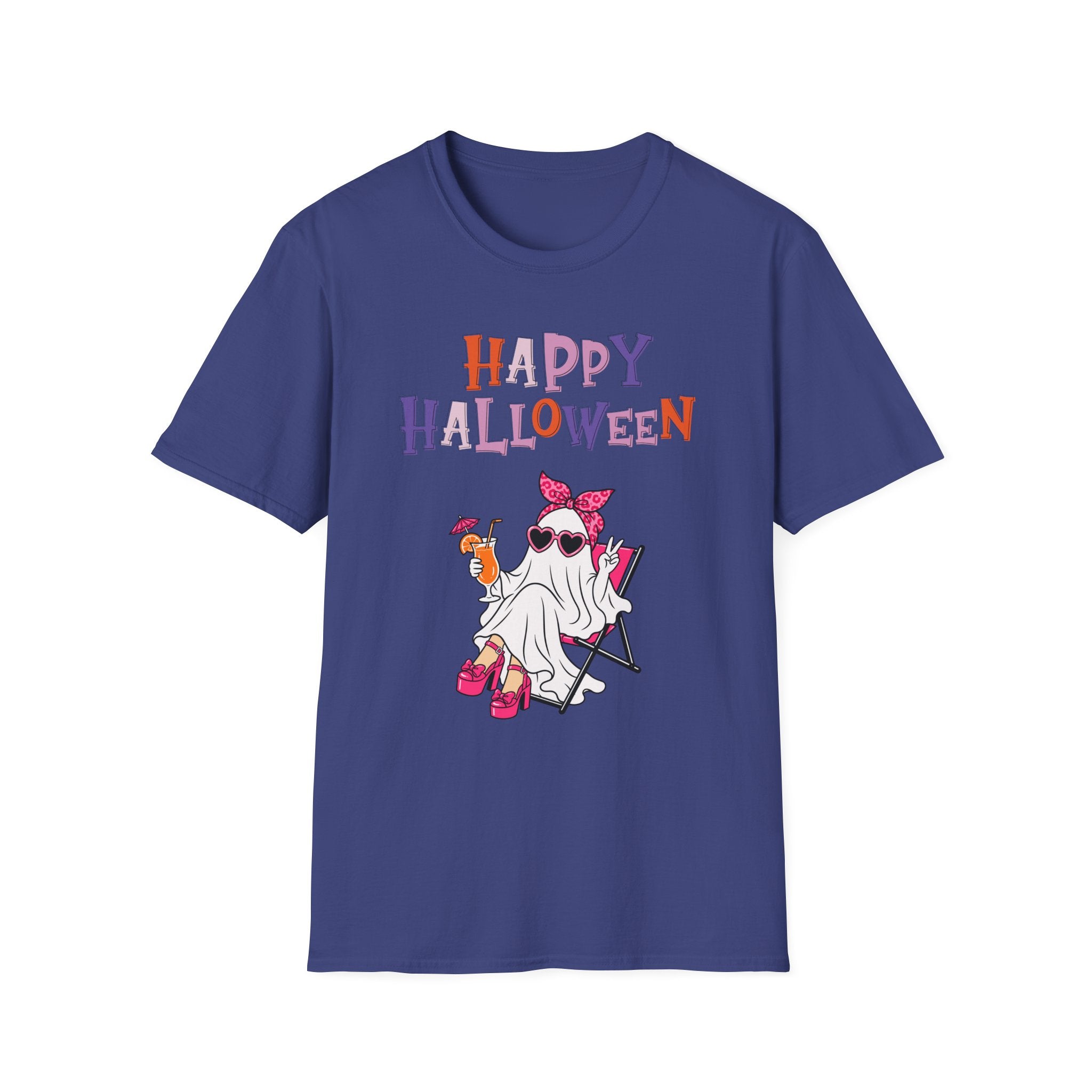 Happy Halloween Ghost Tee — Cute Feminine Halloween T-Shirt with Sunglasses & Pink Bow - Funny Spooky Halloween Shirt for Women