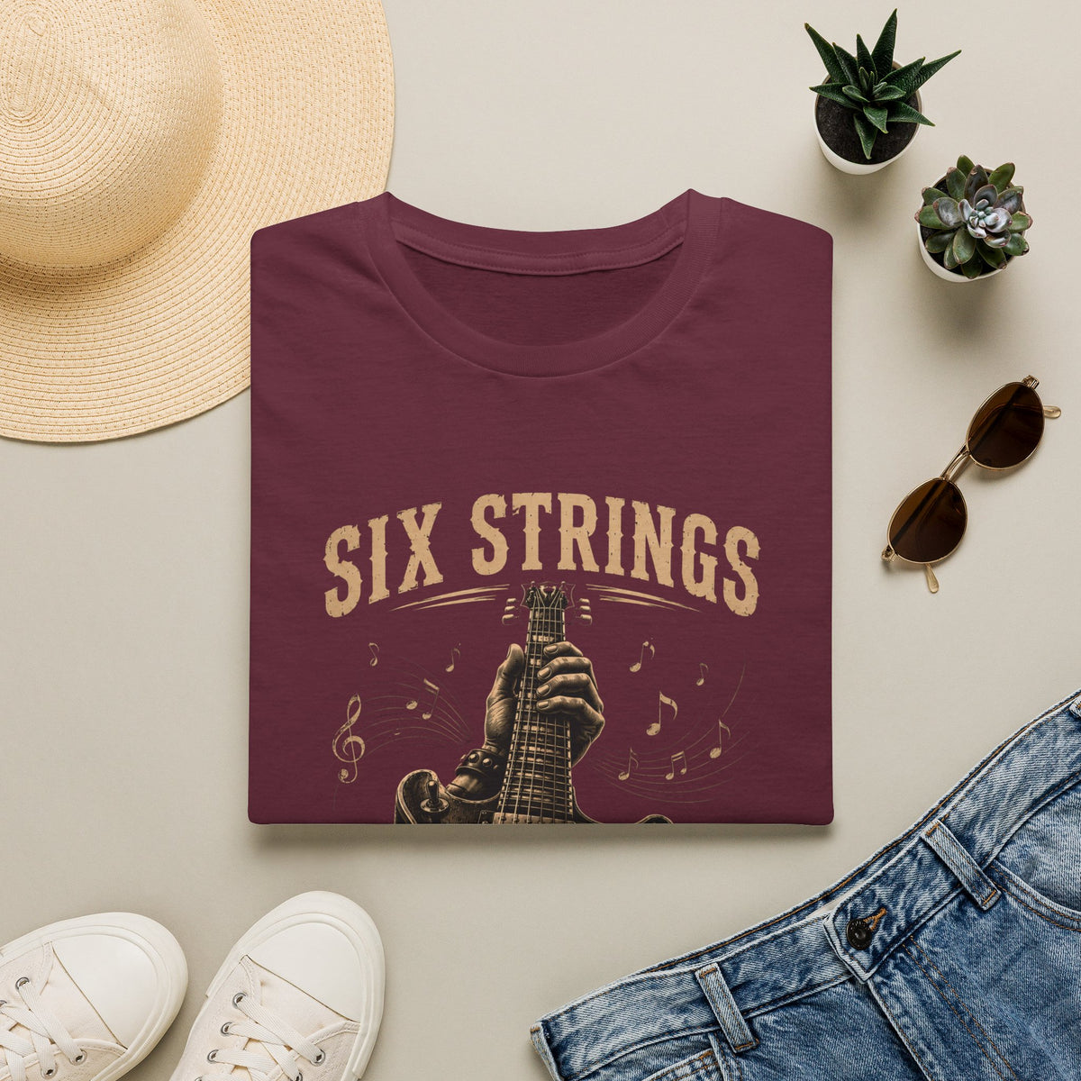 Six Strings Guitar T-Shirt — "Six Strings One Passion" Vintage Music Tee - Electric Guitar Rock Music Design