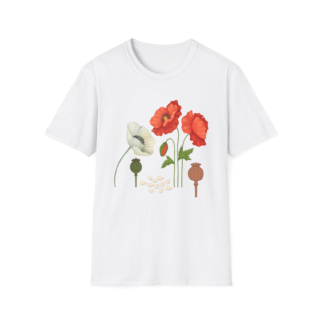 Poppy Floral T‑Shirt — Vintage Red & White Poppy Garden Tee - Vintage Wildflower Garden Art