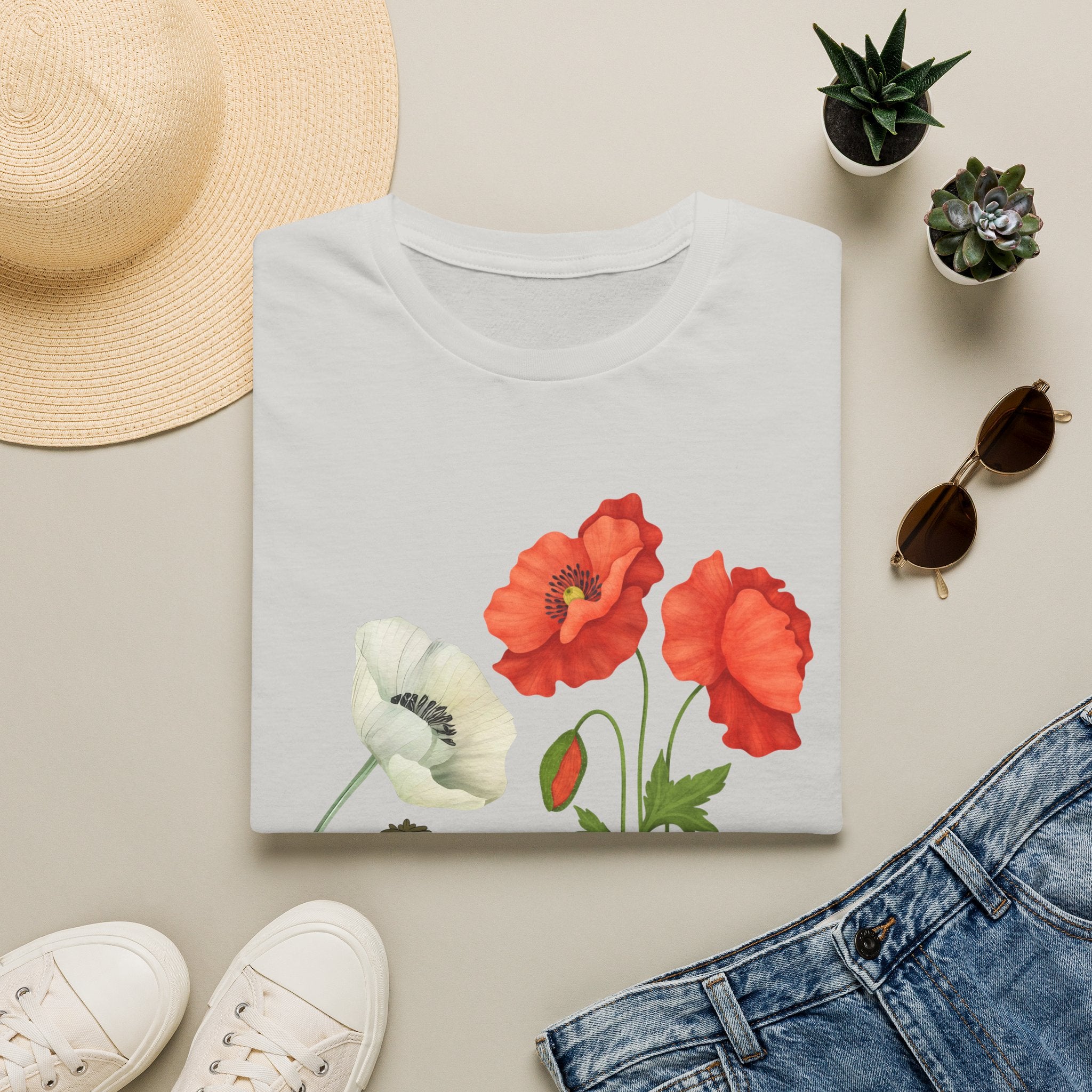 Poppy Floral T‑Shirt — Vintage Red & White Poppy Garden Tee - Vintage Wildflower Garden Art