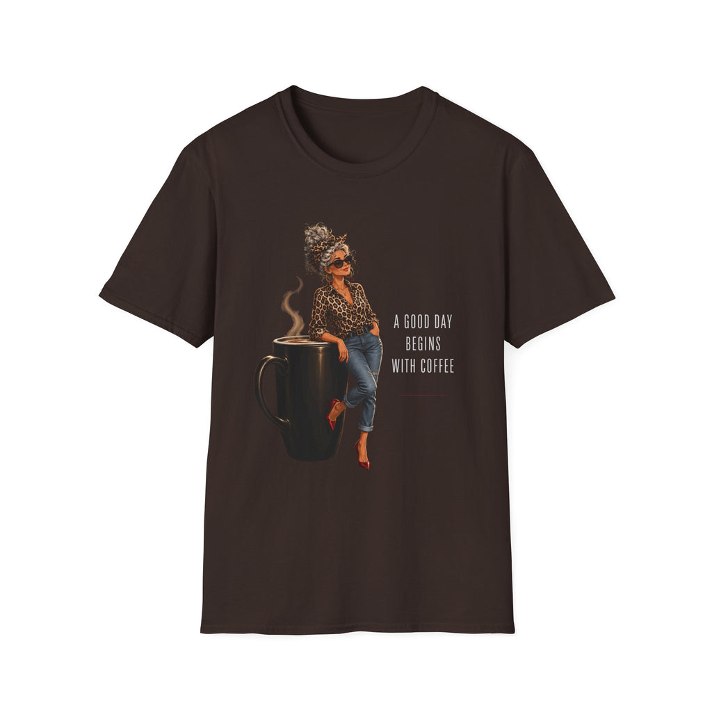 Coffee Vibes T-Shirt — “A Good Day Begins” Retro Chic Coffee Shirt -Stylish Coffee Lover Woman Design