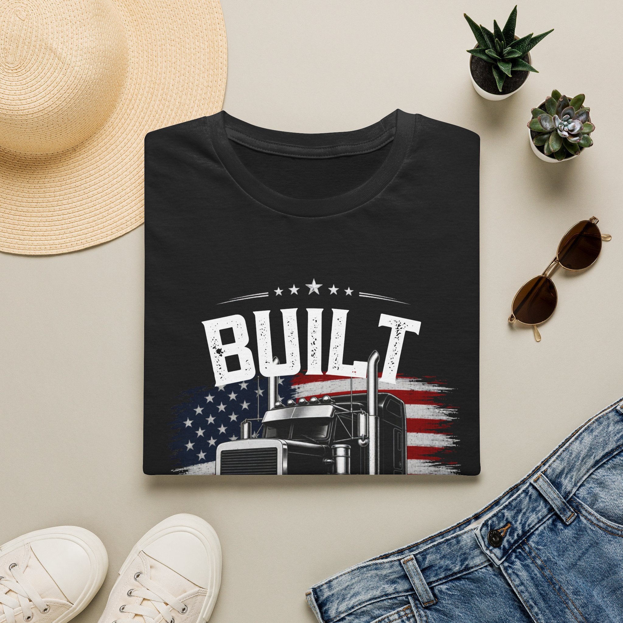 Truck Driver T‑Shirt – "Built Not Bought" American Flag Semi Truck Tee - American Trucker Pride Semi Truck Patriotic Design