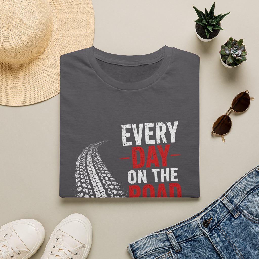 Every Day on the Road T-Shirt — Motorcycle/Driving Adventure Tee - – Truck Tire Track Road Life Design