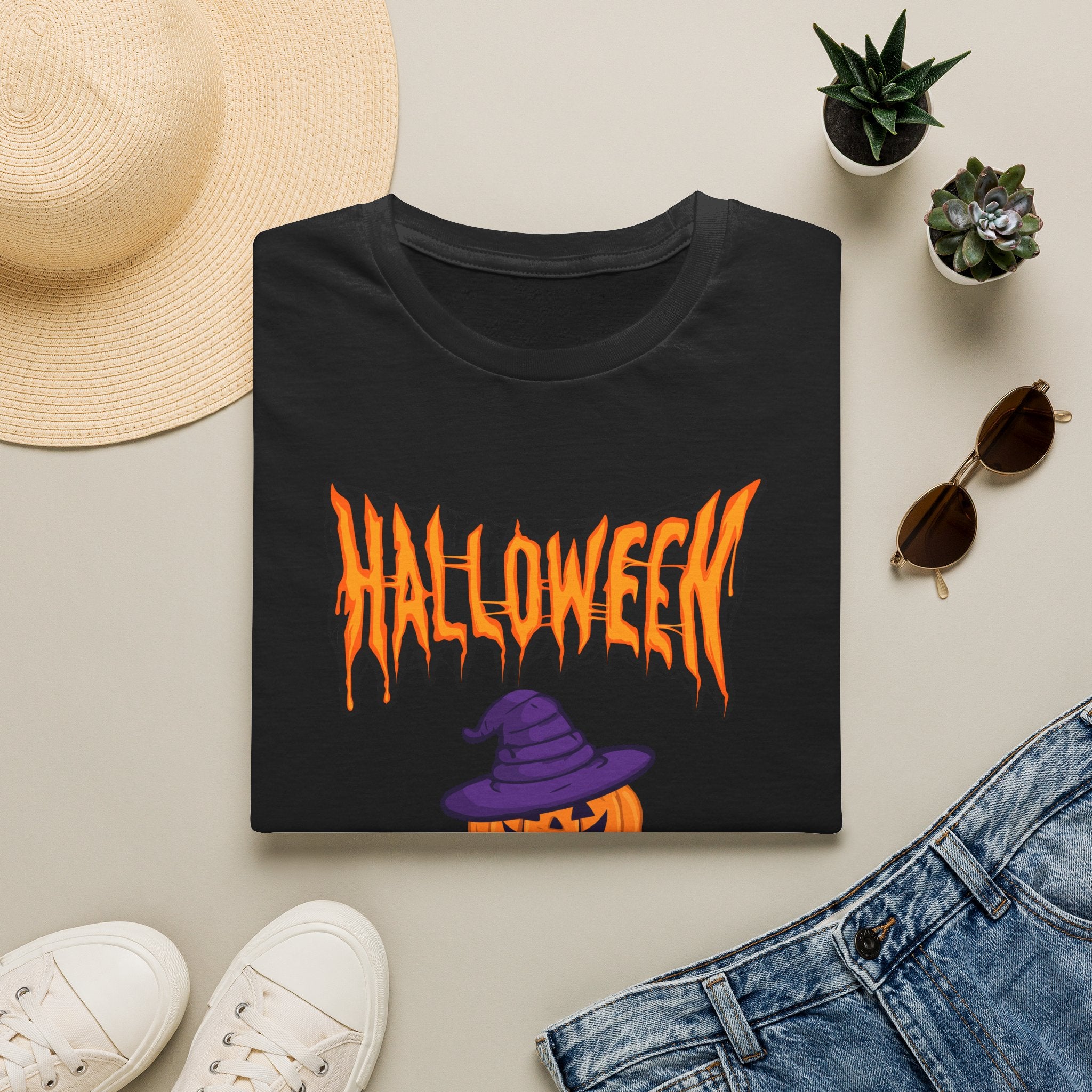 Halloween Stacked Jack-O'-Lantern T-Shirt — Cute Spooky Tee with Purple Witch Hat -  Cute Pumpkin Witch Hat Halloween Tee