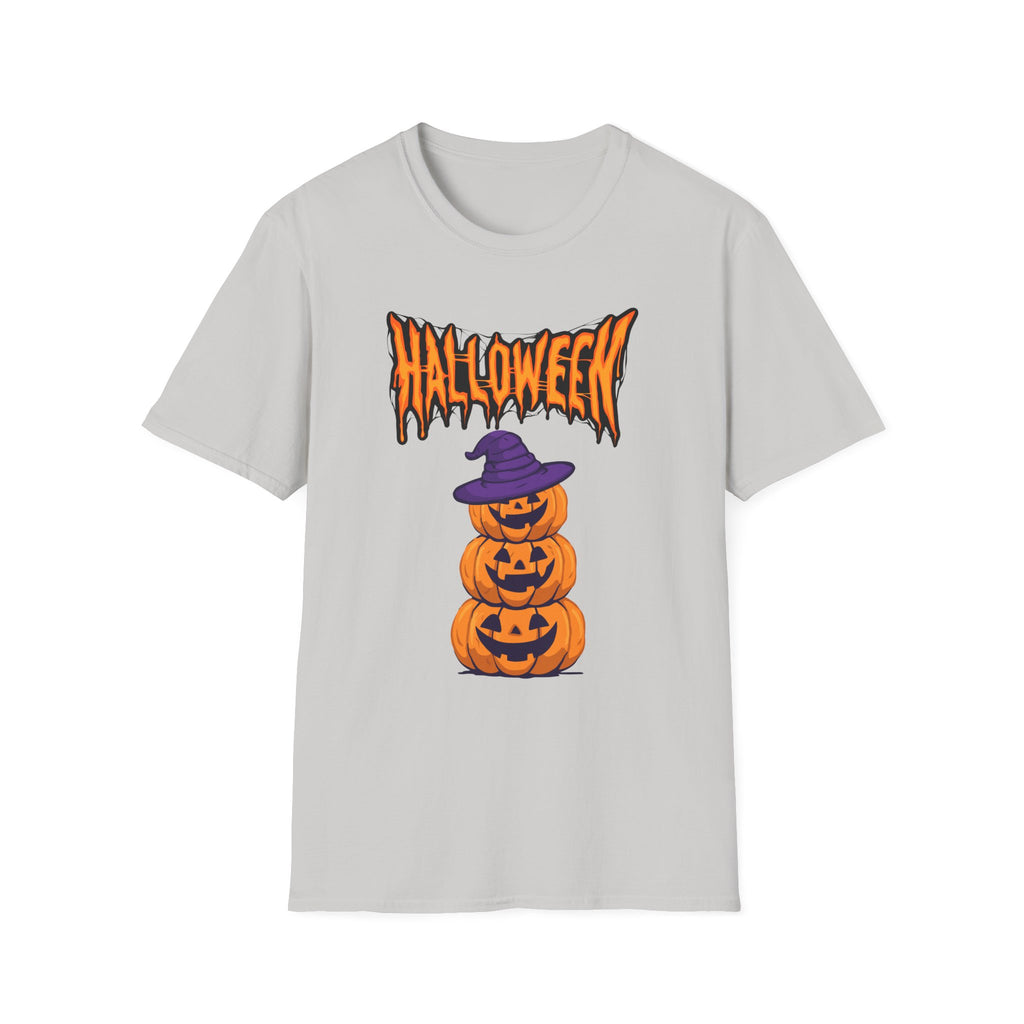Halloween Stacked Jack-O'-Lantern T-Shirt — Cute Spooky Tee with Purple Witch Hat -  Cute Pumpkin Witch Hat Halloween Tee