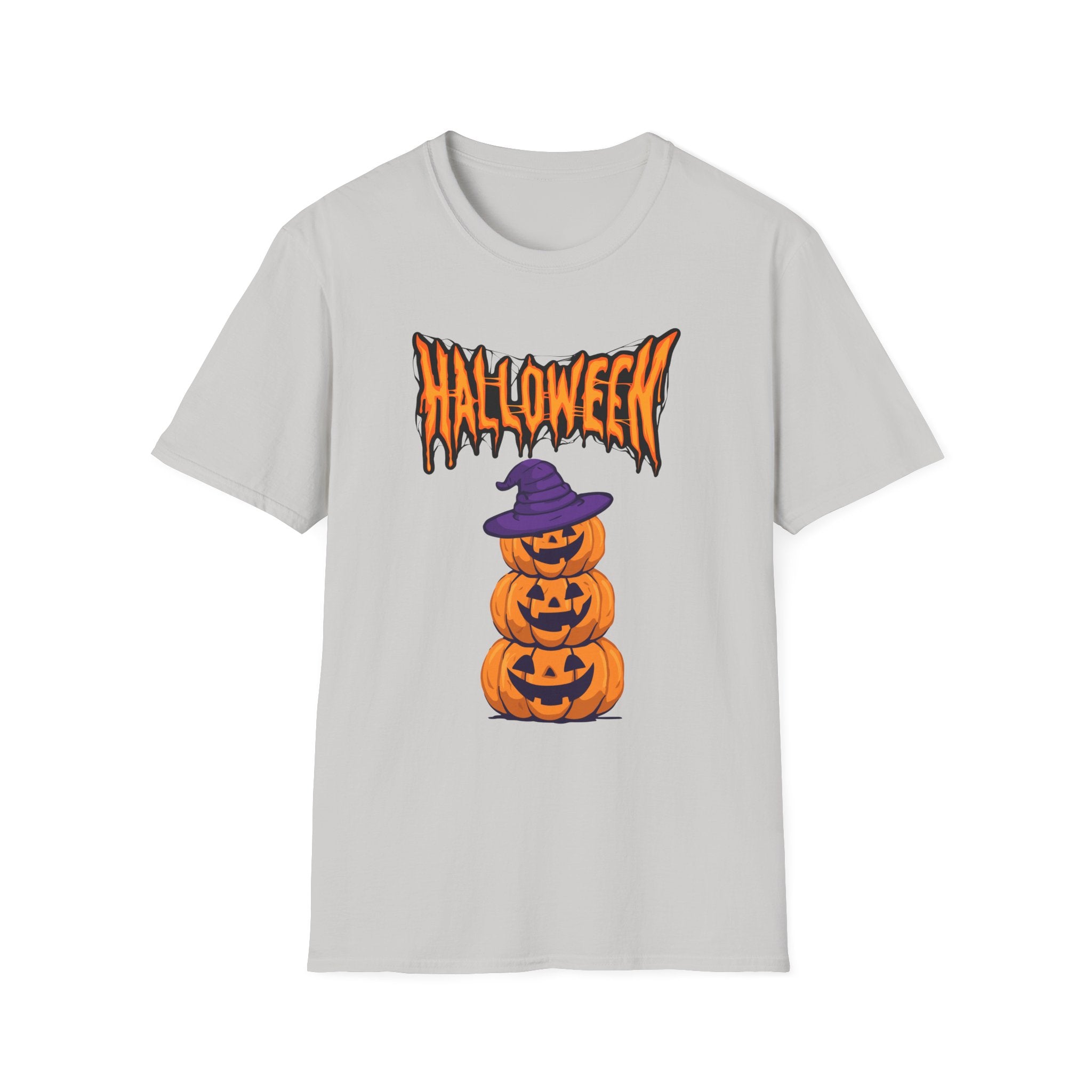 Halloween Stacked Jack-O'-Lantern T-Shirt — Cute Spooky Tee with Purple Witch Hat -  Cute Pumpkin Witch Hat Halloween Tee