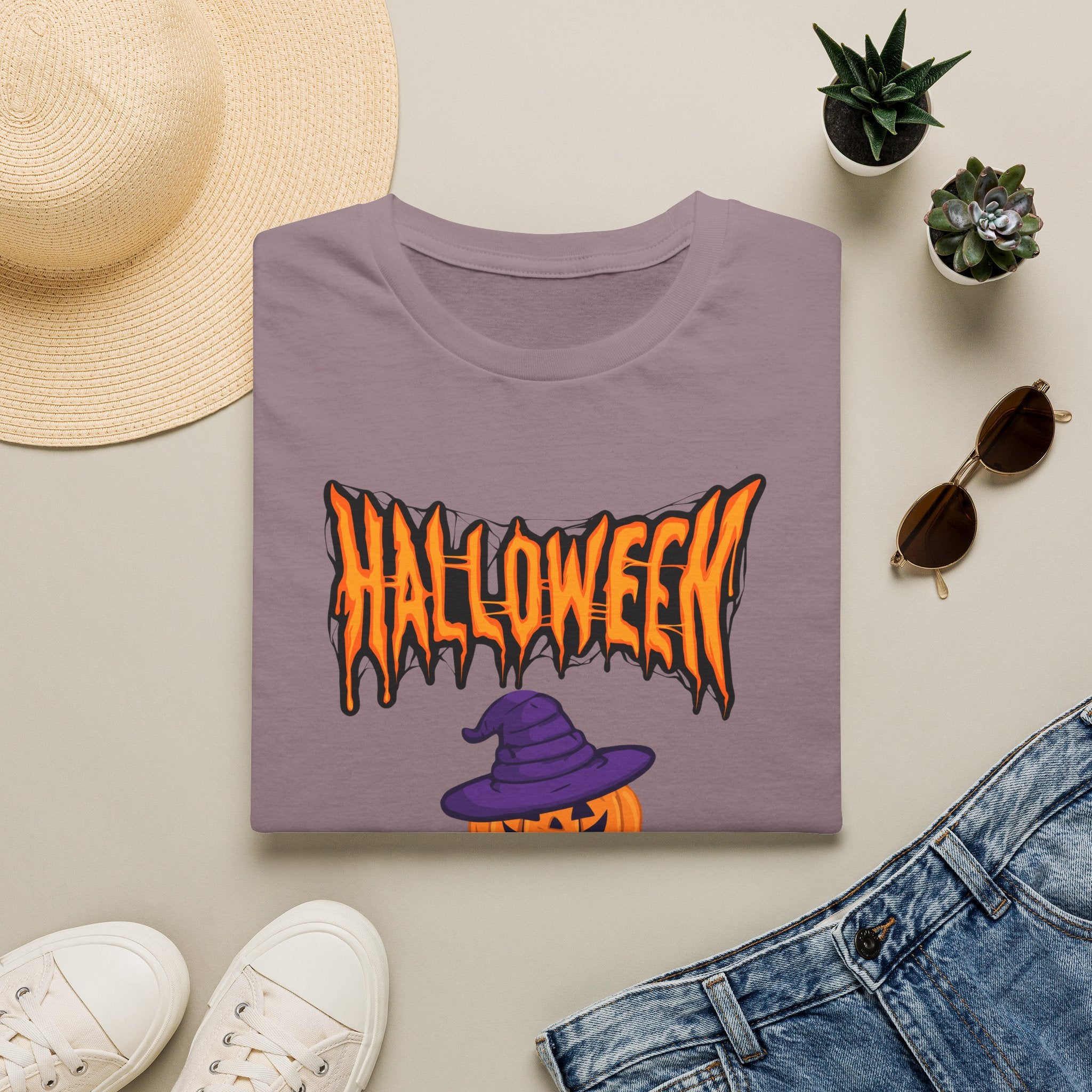Halloween Stacked Jack-O'-Lantern T-Shirt — Cute Spooky Tee with Purple Witch Hat -  Cute Pumpkin Witch Hat Halloween Tee