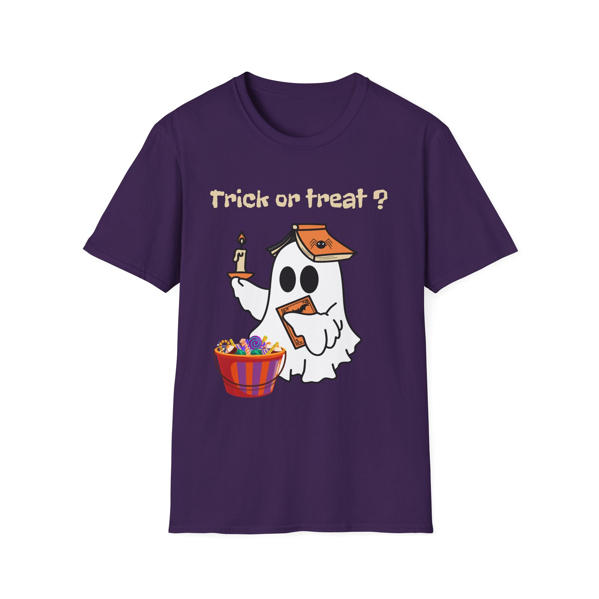 Halloween Ghost T-Shirt — "Trick or Treat?" Cute Spooky Candy Tee - Ghost Reading a Spooky Book Halloween Design
