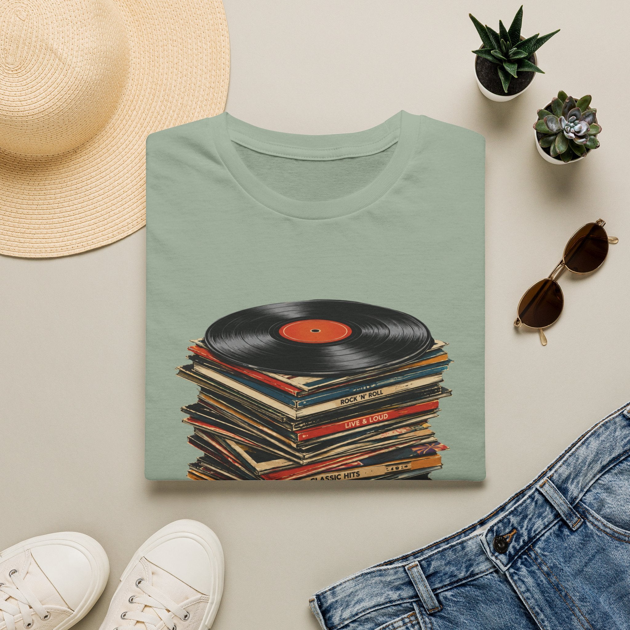 Vintage Vinyl Stack T-Shirt — Retro Record Player Graphic Tee - Retro Music Lover Turntable Aesthetic Design