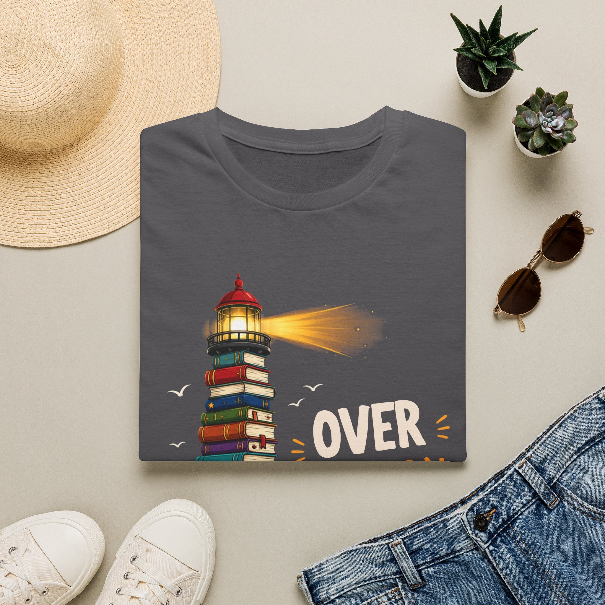 'Over the Horizon' Lighthouse Stack of Books Graphic Tee – Reading Lights the Way