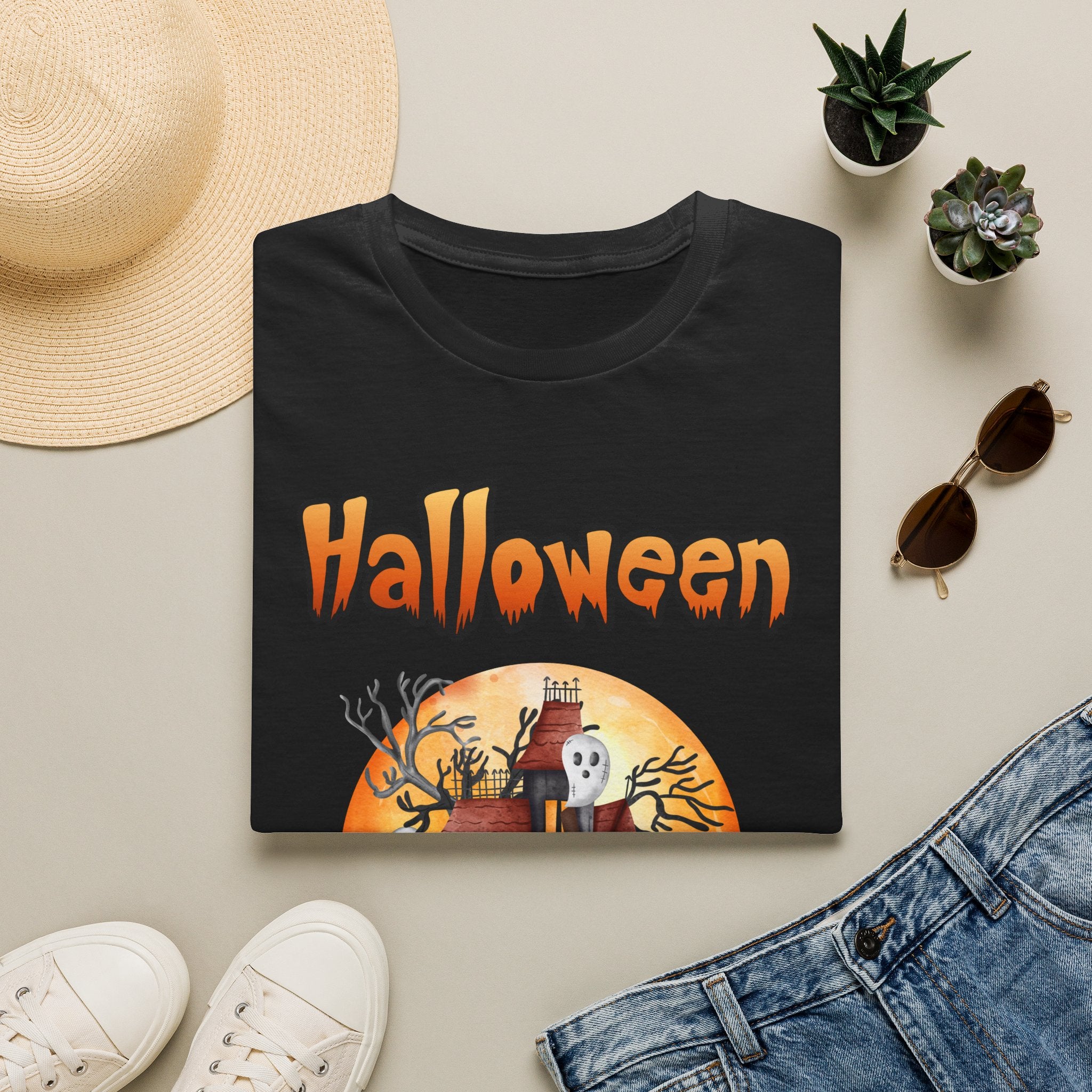 Halloween Haunted House T-Shirt — Spooky Pumpkin Moon Design -  Cute Spooky Haunted Mansion Ghost Pumpkin Fall Tee