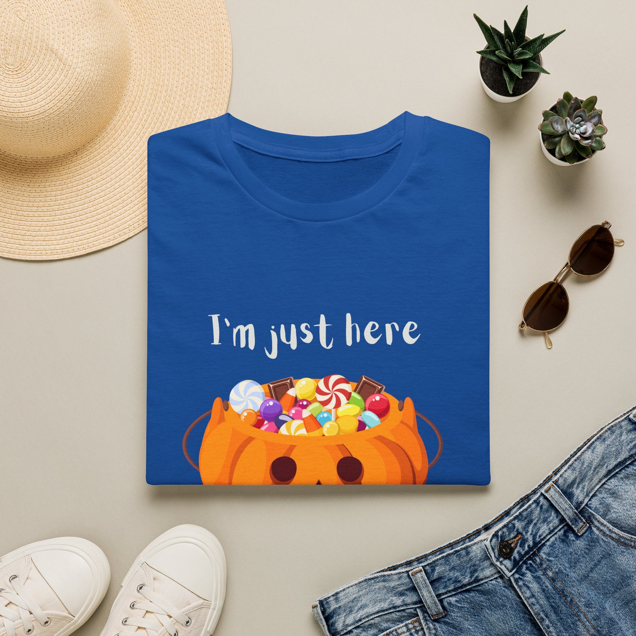 Halloween T-Shirt — "I'm Just Here for the Candy" Pumpkin Candy Bucket Tee