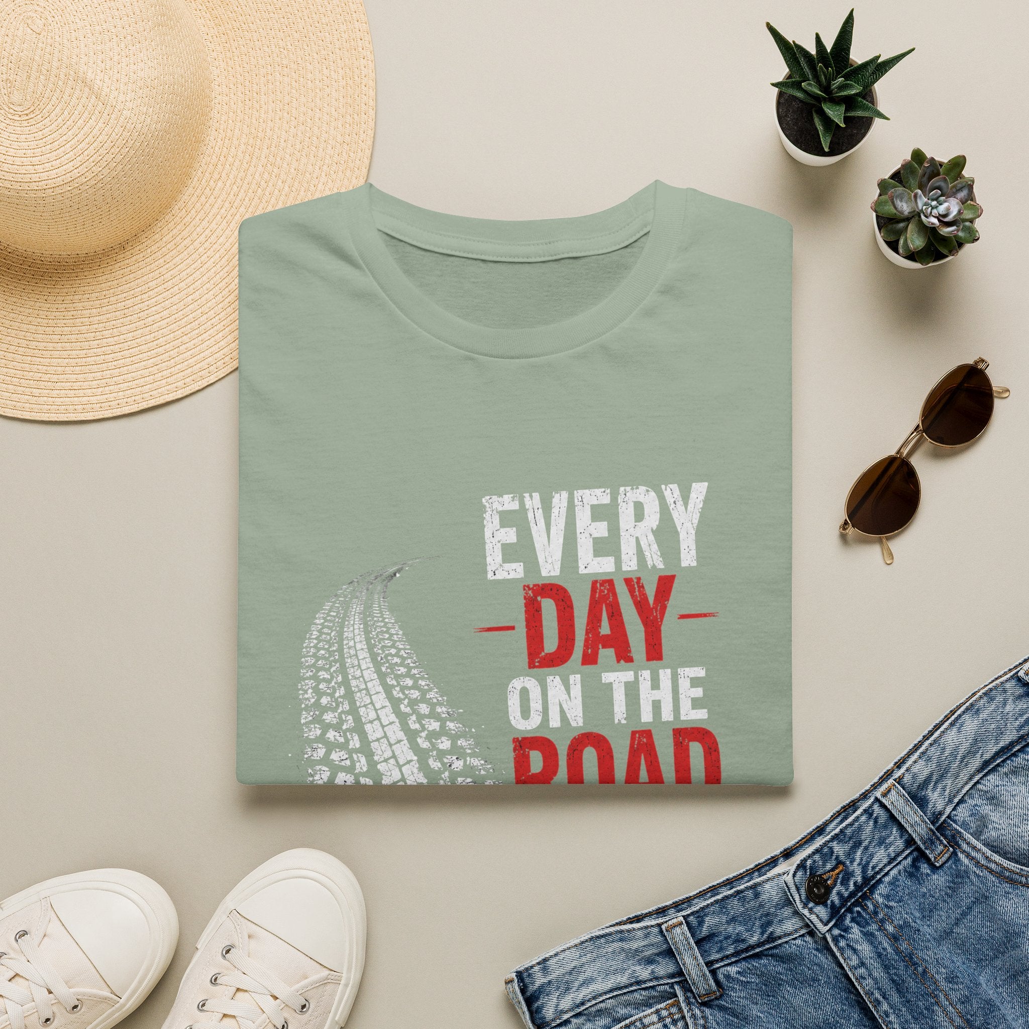Every Day on the Road T-Shirt — Motorcycle/Driving Adventure Tee - – Truck Tire Track Road Life Design