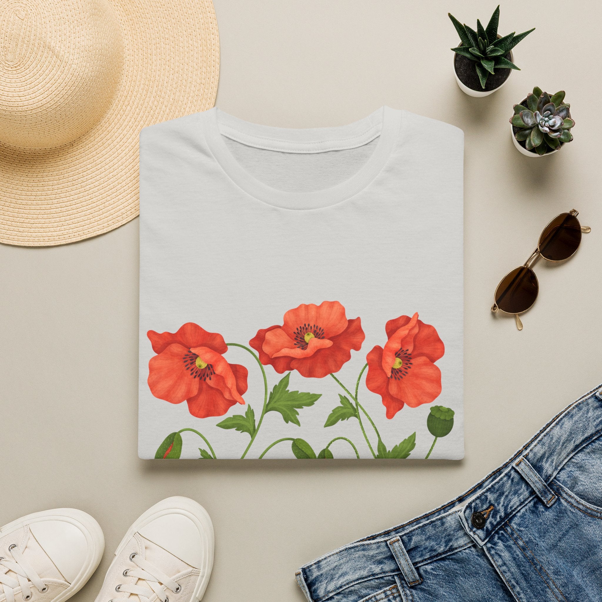 Poppy Floral T-Shirt — Red Poppies Garden Tee - Vintage Wildflower Floral Design