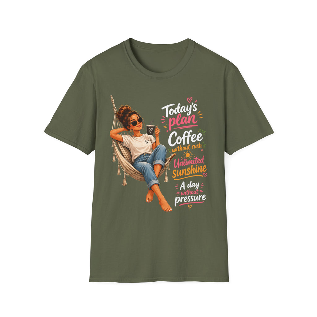 Coffee Tee — "Today's Plan: Coffee Without Rush" Relaxed Lounge T-Shirt