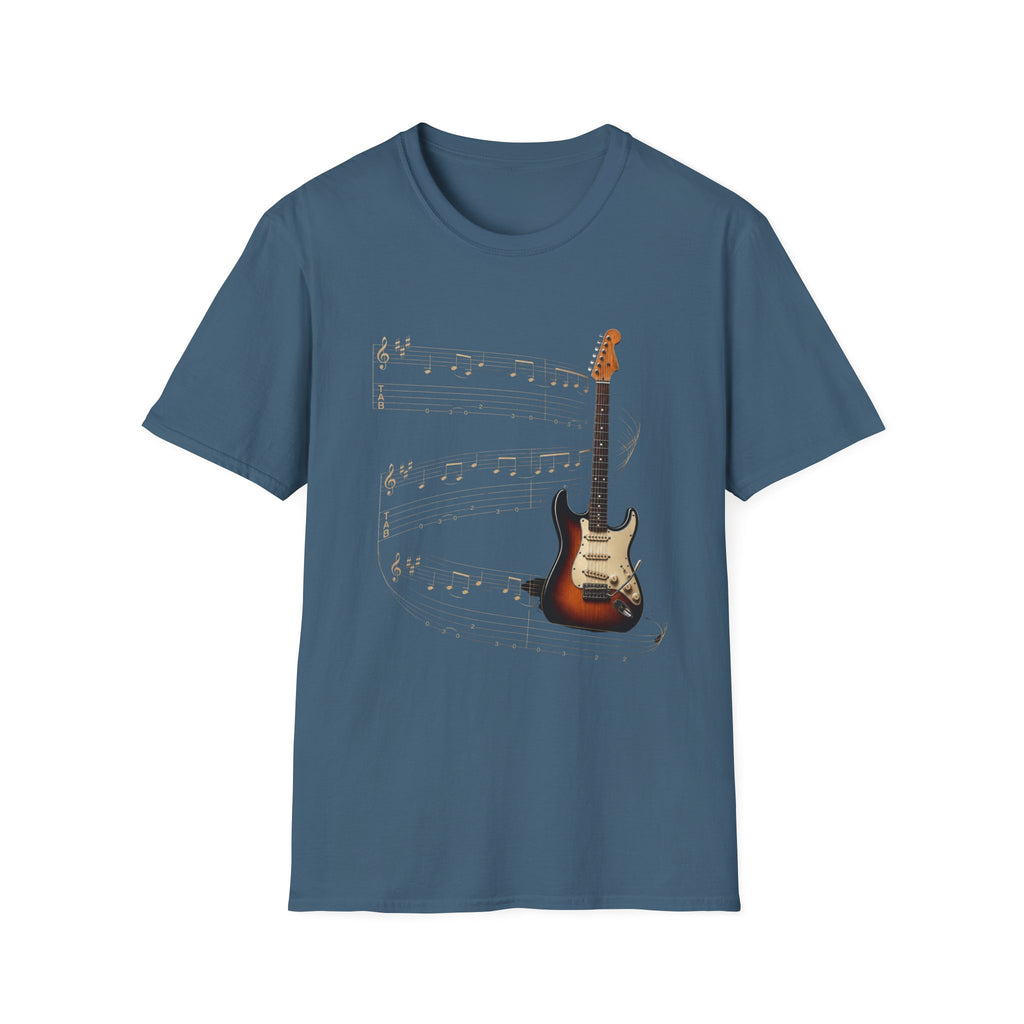 Electric Guitar T‑Shirt — Vintage Sunburst Guitar with Musical Notes - Where Music Takes Flight | Electric Guitar & Tablature Art Design