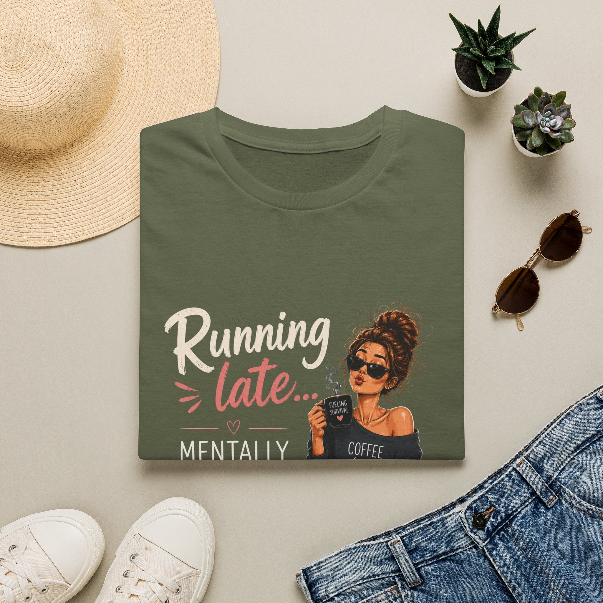 Running Late... Mentally Still Drinking Coffee T-Shirt - Funny Coffee Lover Design