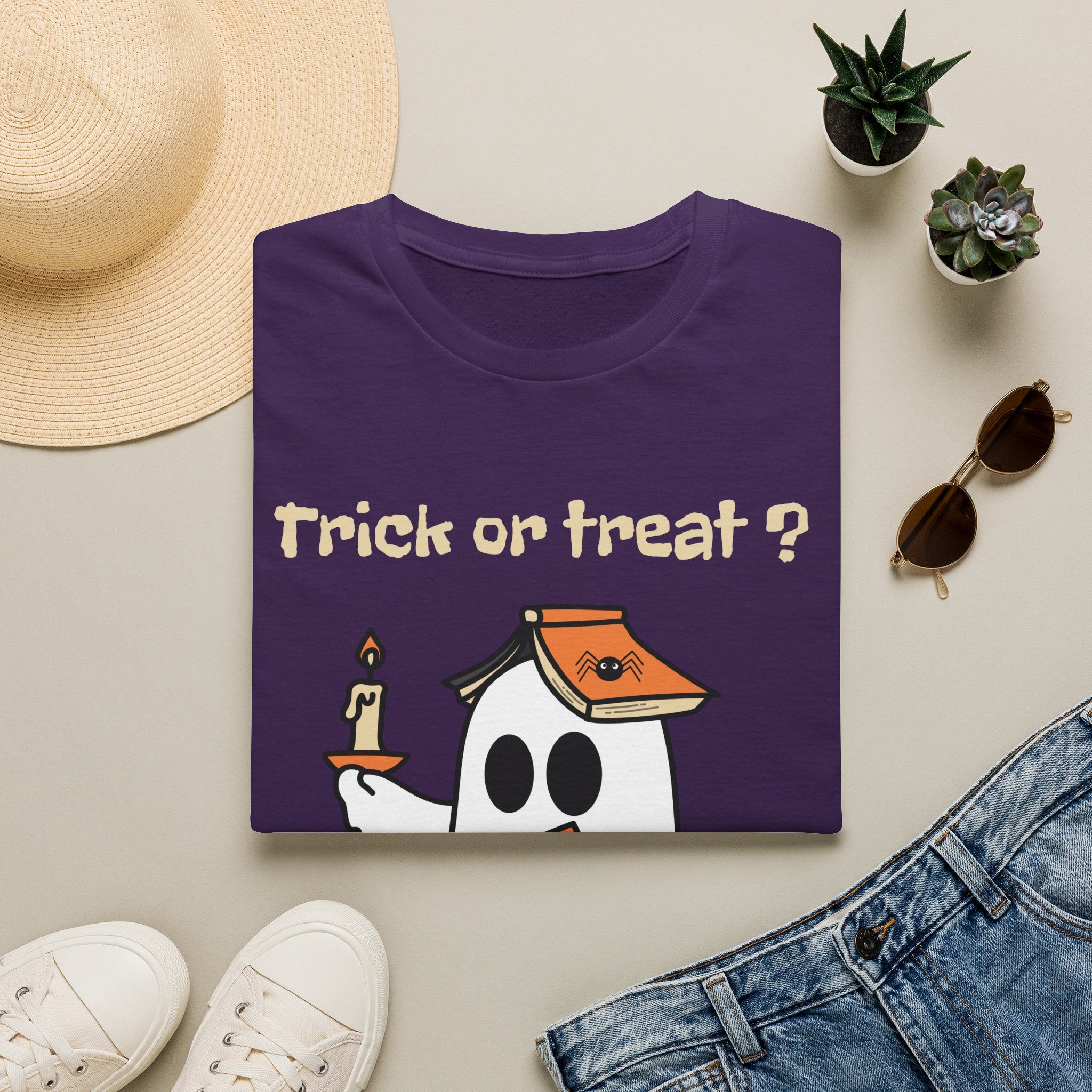 Halloween Ghost T-Shirt — "Trick or Treat?" Cute Spooky Candy Tee - Ghost Reading a Spooky Book Halloween Design